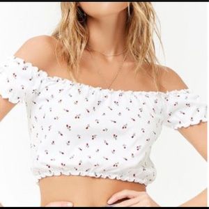 Forever 21, Rose Off-Shoulder Lettuce Trim Crop top